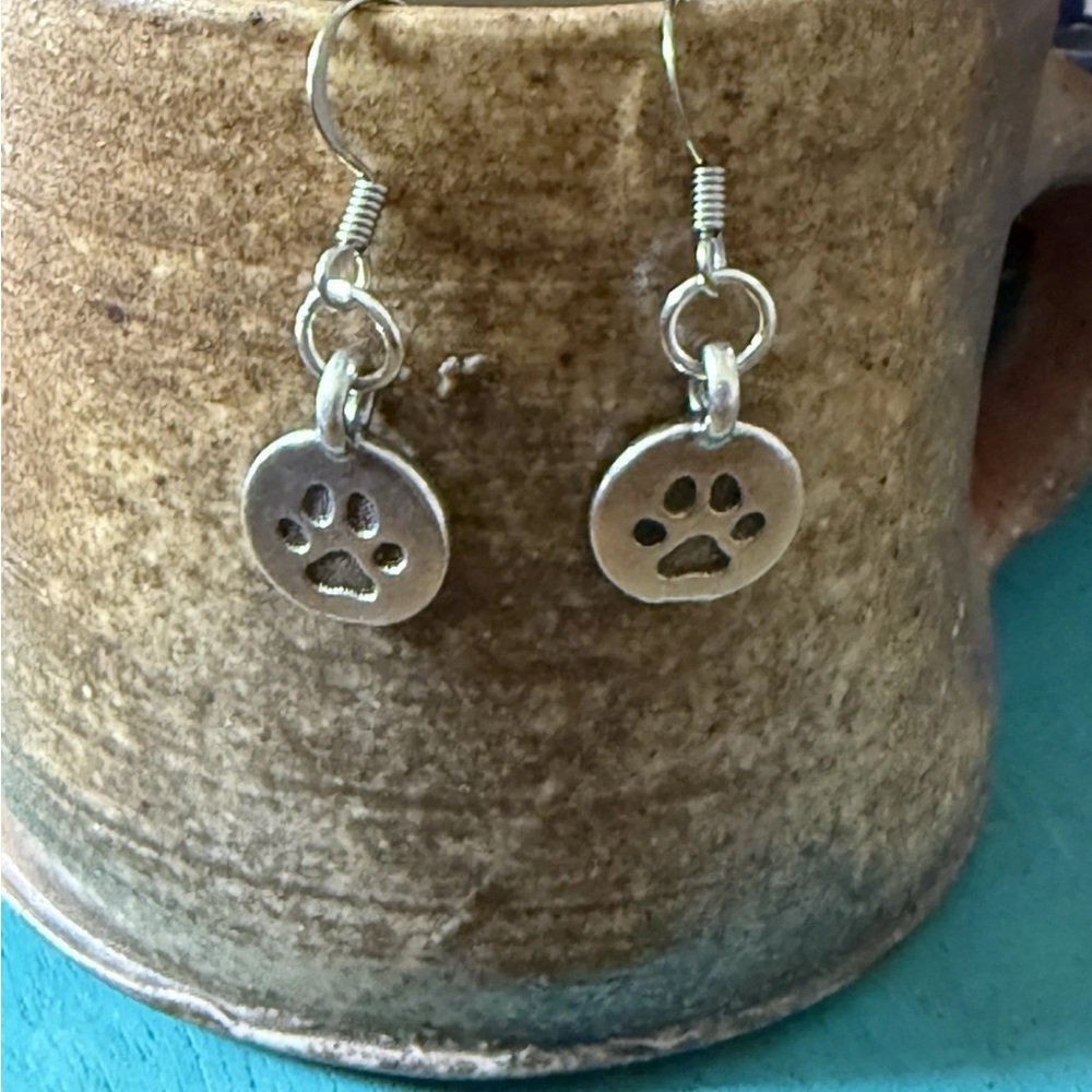 Handmade Dog Paws Dangle Earrings Tierra Cast Plated Paw